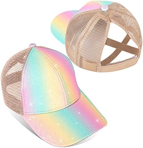 Girls Glitter Baseball Cap Criss Cross Ponytail Hat Adjustable High Messy Bun Ponycap Kids Trucker Hat Multicoloured