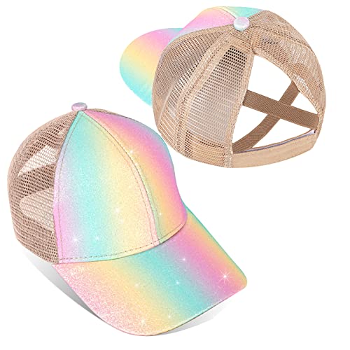 Girls Glitter Baseball Cap Criss Cross Ponytail Hat Adjustable High Messy Bun Ponycap Kids Trucker Hat Multicoloured #TOP4