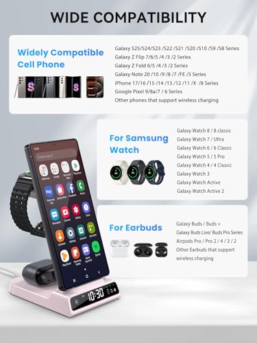 Image of Wireless Charger for Samsung S25 with Clock 3 in 1 Android Charging Station | Charging Station for Galaxy S25 Ultra,Z Flip 7,Fold,Galaxy Bud, Watch Charger for Galaxy Watch 8,7,6,5Pro, Nightstand Charger