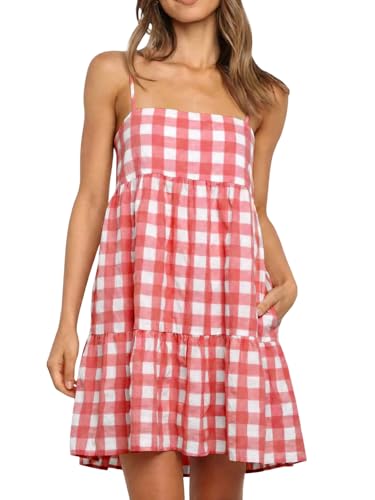 Image of Wenrine Womens Summer Plaid Mini Dress Casual Spaghetti Strap Sleeveless A Line Beach Sundress with Pockets