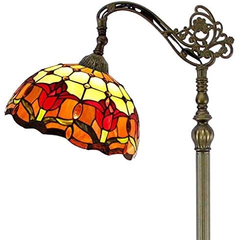 Tiffany Style Reading Floor Lamp Lighting W12H64 Inch Red Cream Stained Glass Tulip Lampshade Antique Adjustable Arched Standing Base S030 WERFACTORY Lamps Girlfriend Lover Living Room Bedroom Gifts Cover