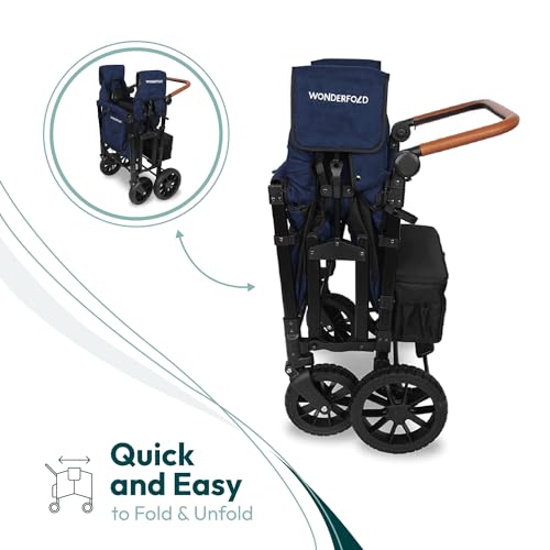 Image of WonderFold W4 Luxe Stroller Wagon - Collapsible Stroller Wagon with Steel Frame - Adjustable Canopy & Push Handle - XL All-Terrain Wheels - for Babies, Toddlers & Kids - 4 Seater - Noble Navy
