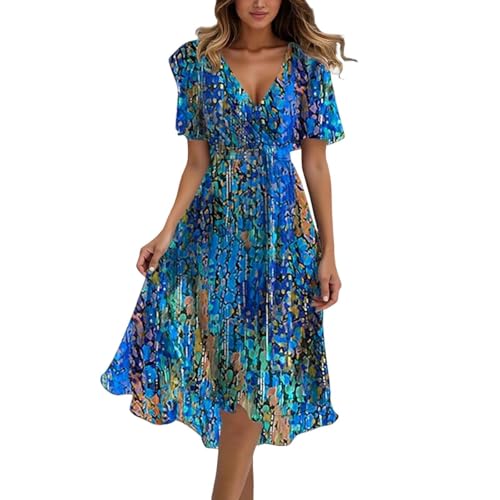 Nuaoxyeu Luftige Sommerkleider Knielang Chiffon Strandkleid Damen 2025 Boho Lange Kleid Mit Gürtel Elegant V-Ausschnitt Sommerkleid Sommer Maxi Dress...
