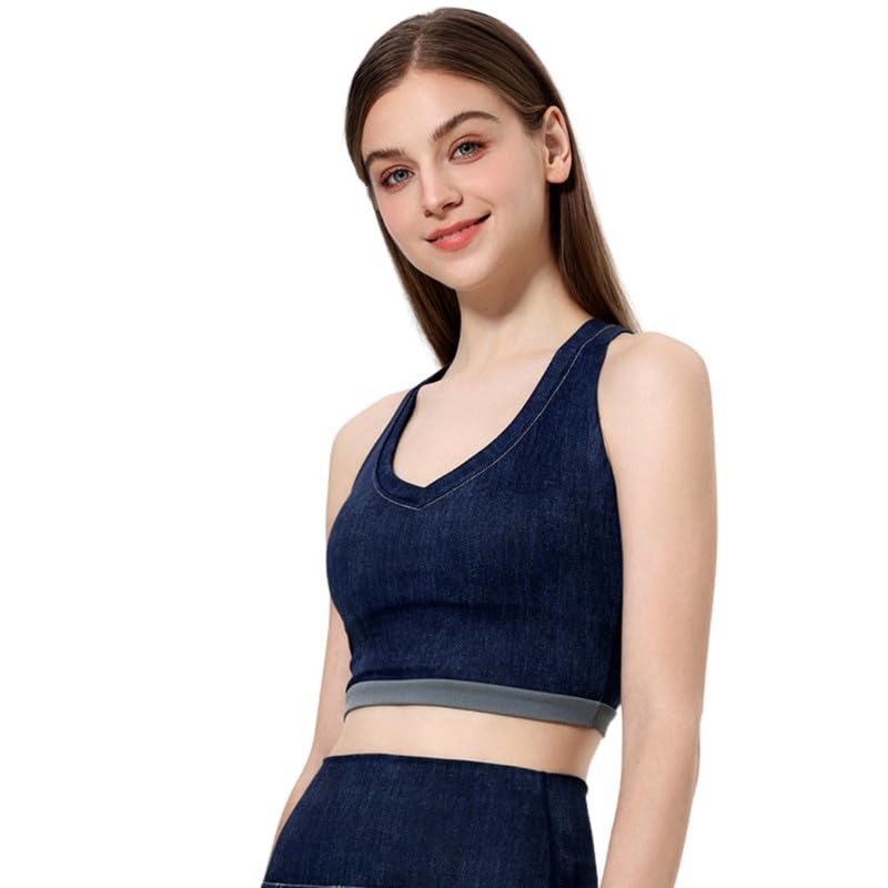 Women's Denim Sports Bra V Neck Sleeveless Running Fitness Vest Comfortable Top