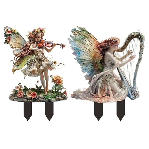ANNUOZE 2PCS Fairy Garden Stake Decor, Fairy Garden Music Show, 2D Flat Acrylic Elf Sign, Yard Elf Decor Panel, Fairy Garden Accessories for Outdoor Indoor Yard Lawn Pot Plants