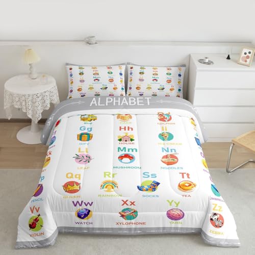 Image of Feelyou ABC Alphabet Bedding Set King Size, Cartoon Alphabet Comforter Numbers Alphabet Comforter Set Kids Toddler Educational Learning Duvet Set Microfiber Bed Set
