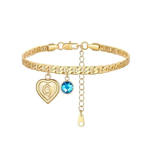 Custom4U Personalized Initial Ankle Bracelets for Women 14K Gold Plated Dainty CZ Birthstone Heart/Hexagon Letter Initial Anklets for Women Adjustable Silver/Gold Foot Chain Summer Beach Jew