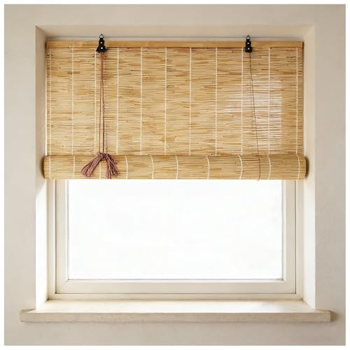 Cortina de Caña Bambú Exterior W60 x H100cm(23.6x39.3in) Estor Enrollable Opaco 80% Blackout,Persiana de Madera para Ventana Patio Color primario