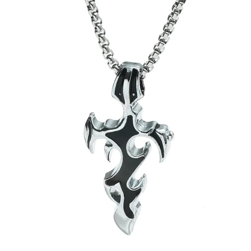 Tribal Cross Pendant Necklace, Silver-Tone, Polished Finish, Flame Style, Streetwear Jewellery for Men and Women-image-28