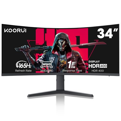 KOORUI - KOORUI 34-inch Ultrawide Curved WQHD 3440×1440 Gaming Monitor, 165Hz 144Hz Curved 1000R- PIP/PBP, 1ms(MPRT) with DisplayHDR 400, DCI-P3 90% Color Gamut, AdaptiveSync, HDMI/DisplayPort, 34E6UC - -5%