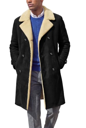 Image of Runcati Mens Faux Shearling Coat Double Breasted Long Winter Trench Coat
