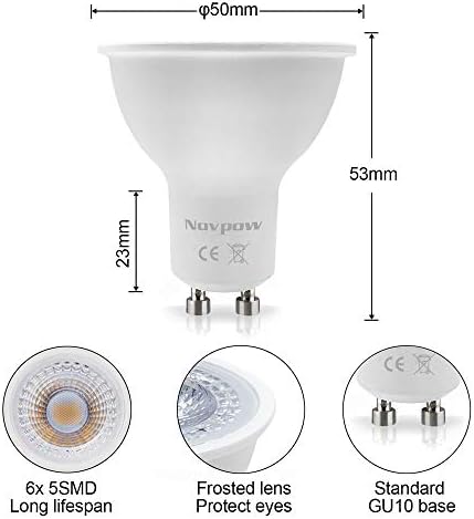 novpow GU10 LED Light Bulbs, 6W 450LM Cool White 6000K Track Spotlight Bulb AC 220-240V Equivalent for 50W Halogen Lamp 38° Beam Angle 6 Packs No Dimmable Energy Class A+ [Energy Class A+]