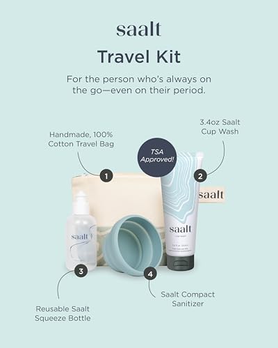 Image of Saalt Travel Menstrual Kit - Easy Cleaning for Public Restroom, School, or Travel for Menstrual Cup or Menstrual Disc - Reusable Travel Bag, 3.4oz Wash, Squeeze Bottle, Compact Sanitizer