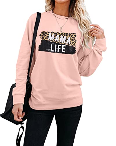 Mama Life Sweatshirt Women Leopard Mom Saying Top Tee Mother Gift Lightweight Pullover Long Sleeve Blouse Pink