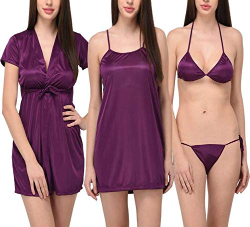 you forever Womens Satin Nightwear Set of Nighty, Bathrobe, Bikini Lingerie Set-picture-38