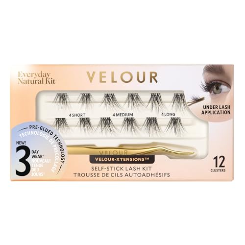 Velour-Xtensions Self-Stick Lash Clusters Kit Self Adhesive Eyelashes with 12 Lash Cluster and Lash Applicator New No Glue Technology for Lightweight Natural Look at Home