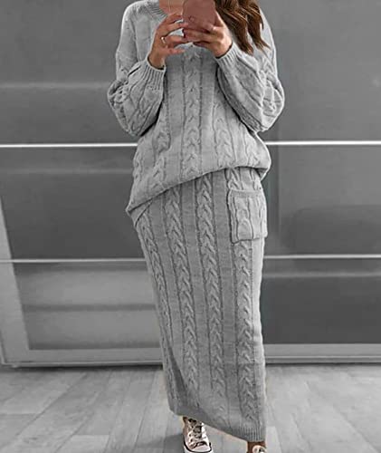 Image of Sexyshine Women's Cable Knit Long Skirt 2 Piece Outfit Chunky Oversized Pullover Sweater Top and Long Pencil Skirt Sets