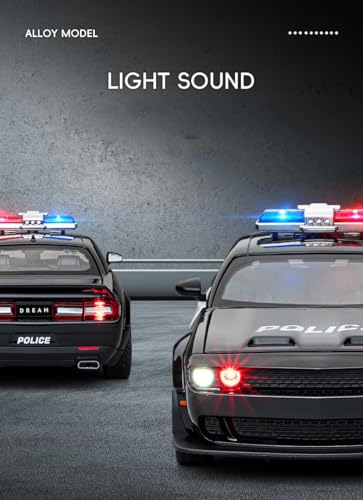 Image of Dodge Challenger Police 1:24 Diecast Metal Car - Openable Doors, Sound&Light, Pull Back Action,Collectible Toy Car for Kids - Durable & Realistic Model Collectors Police, Black