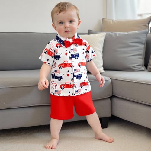 Toddler Boy Gentleman Outfit Trucker/Fireworks/Flag Print Button up Bow Tie Shirt and Shorts Set for Vacation4