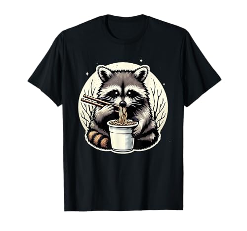 Divertida taza de fideos de anime japonés con mapache comiendo ramen Camiseta