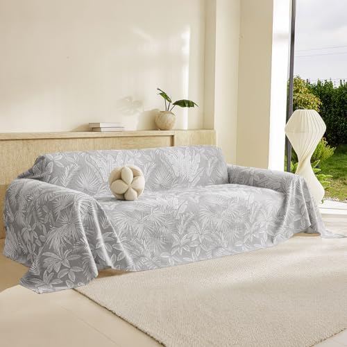 DREAMINGO Tropical Jungle Leaf Embossed 3-Layer Gauze Sofa Cover Blanket Universal Farmhouse Couch Cover Throw Washable Furniture Protector for Living Room Decor, Light Grey, 91"x134"