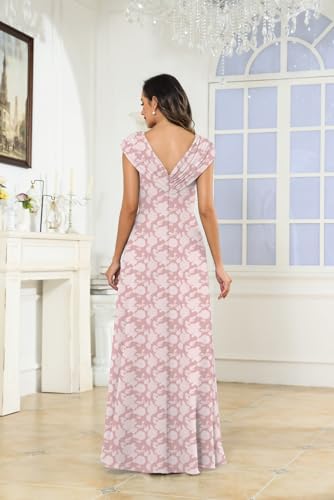 Cap Sleeves Mother of The Bride Dresses for Women V Neck Lace Applique Pleated Floral Print Chiffon Formal Wedding Guest Gown2