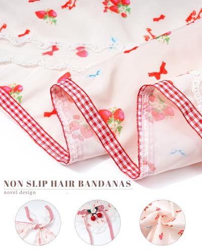 Molans 3Pcs Floral Hair Bandanas Scarf for Women, Chiffon Head Scarf Kerchief with Scrunchie(Strawberry)4