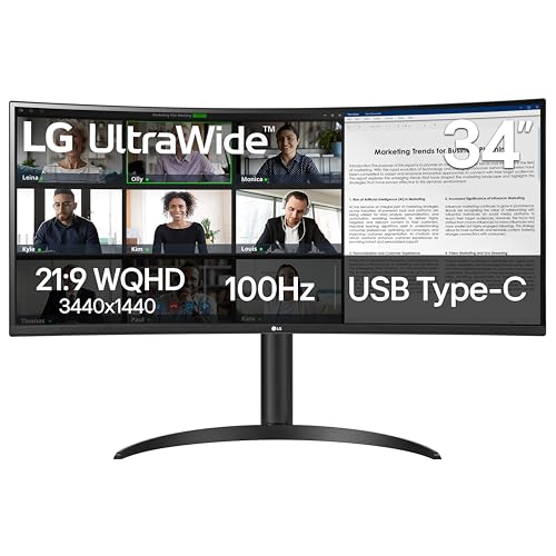 LG 34WR55QK-B 34-inch UltraWide WQHD (3440 x 1440) Curved Computer Monitor, 100Hz, 5ms, HDR10, Reader Mode, HDMI, DisplayPort, USB Type-C, Tilt/Height Adjustable Stand, Black