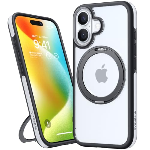 Image of TORRAS Upgraded 360Rotatable Magnetic Ring for iPhone 16 Case, Fit for Wireless Charging with Stand & Ring Holder, 16FT Mil-Grade Shockproof, Protective Kickstand, Translucent,Ostand R Fusion, Black