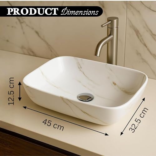 Image of Ceramic Tabletop Wash Basin - Glossy Rectangular Countertop Vessel Sink with Marble Finish for Bathroom & Vanity | Compact 18 x 13 x 5 Inch | Elegant Washbasin