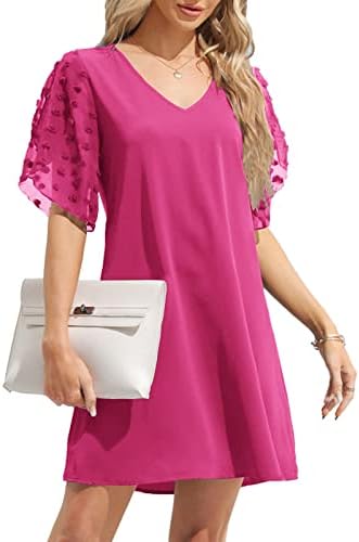 Renoholl Womens Casual Dresses V Neck Short Bell Sleeve Shift Ruffle Cute Dress Loose Pom Pom Flowy Mini Dress