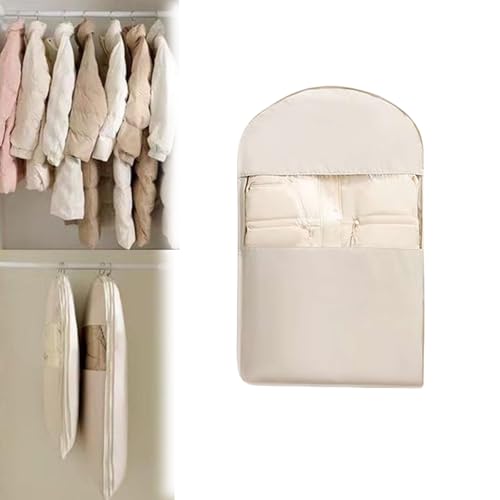 Space Saving Hanging Garment Bag with Self Compression Zipper, Dust Cover Clothes Bags Travel Organizer, 2025 New Space Saving Closet Organizers for Down Coats, Suit and Jackets (Beige S)
