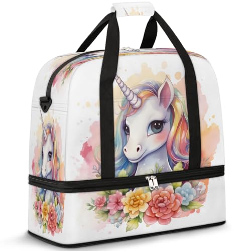 Travel Duffel Bags Watercolor Unicorn Flower Foldable Weekender Bags for Women with Shoes Compartment Waterproof & Tear Resistant Carry on Overnight Luggage Duffel Bag Shoulder Sports Tote Bag,A-174