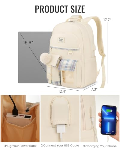 School Backpack for Teen Girls, Cute Kawaii Plaid Bookbag College Backpacks for Women 15.6 Inch Laptop Bag for Kindergarten Elementary Preschool Middle High School Students, Beige3