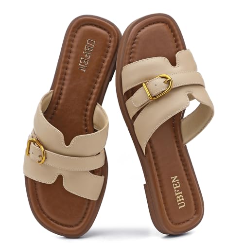 Image of UBFEN Womens Square Toe Flat Sandals Slides Dressy Comfortable for Beach
