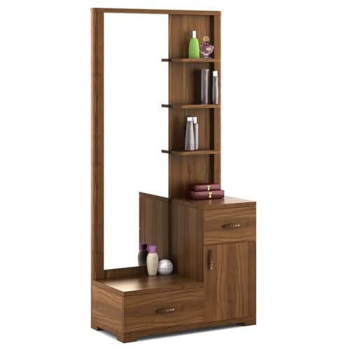 Image of Spacewood Dressing Table | Harmony | 3 Year Warranty | 3 Shelves & 2 Drawer, 1 Shutter Storage, Vanity Table for Bedroom, Living Room, and Home| Engineered Wood | Natural Teak