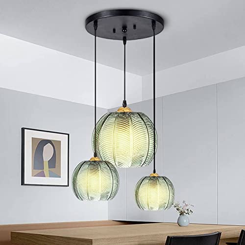 AvgnLxqe Suspension Luminaires, Suspension Rétro Verre 3 Lumières, Vintage Luminaire Abat-Jour en Verre Citrouille Verte, Luminaire Suspendu Réglable en Hauteur pour Salle à Manger Cuisine (3light)