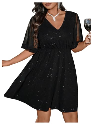 Floerns Women's Plus Size Contrast Mesh Half Flounce Sleeve V Neck Glitter Flared Hem A Line Dress4