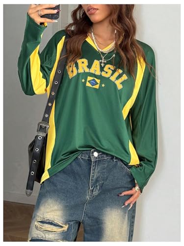 SOLY HUX Women's Y2k Brazil Jersey Shirt Letter Graphic Tees V Neck Long Sleeve Oversized Tops Streetwear4