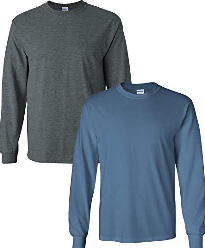 Image of Gildan Men's Ultra Cotton Adult Long Sleeve T-Shirt Pack of 2DarkHeather-Indigo Medium