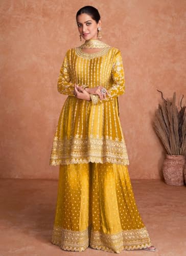 Image of Miss Ethnik Dual Tone Strip Chinon Heavy Embroidered Stitched Sharara Suit Set With Dupatta (ME-1129)
