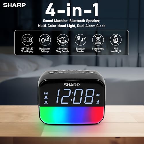 Sharp RGB Alarm Clock with Bluetooth Speaker, Sleep Sounds, Night Light - Image 2