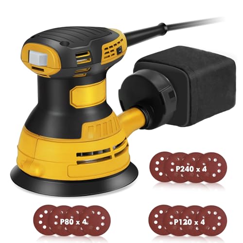 Lijadora de bolas eléctrica, 200 W, 12000 rpm, 6 velocidades variables, lijadora de bolas aleatoria con 12 discos abrasivos de 125 mm para lijar, pulir madera, bricolaje en casa (amarillo)