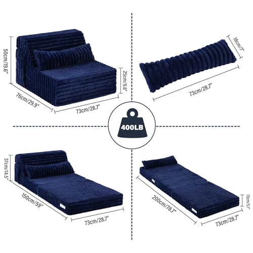 Image of Tiita Folding Sofa Bed Convertible Sleeper Chair Mattress with Pillow & Side Pocket, Thick Corduroy Floor Mattress Couch Bed, Single Size, Navy