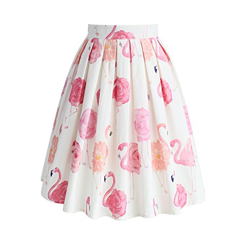 Chicwish Damen Schwarz und Weiß Streifen Polka Dots Pink Flamingo Knielang Druck Plissee A-Linie Midi Rock Gr. 34 Cover