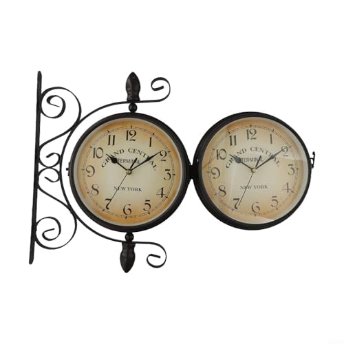Reloj de pared de doble cara estilo estación de hierro redondo antiguo de 8 pulgadas reloj silencioso de cuarzo con números grandes para sala de estar, pasillo, porche, reloj de pared retro vintage