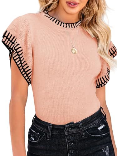 Image of Saodimallsu Womens Short Sleeve Sweater Summer Striped Top Soft Knit Shirts | Ruffle Sleeve,Loose,Crew Neck,Lightweight,Casual,Work,Spring,Womens Tops,Pullover,Fall
