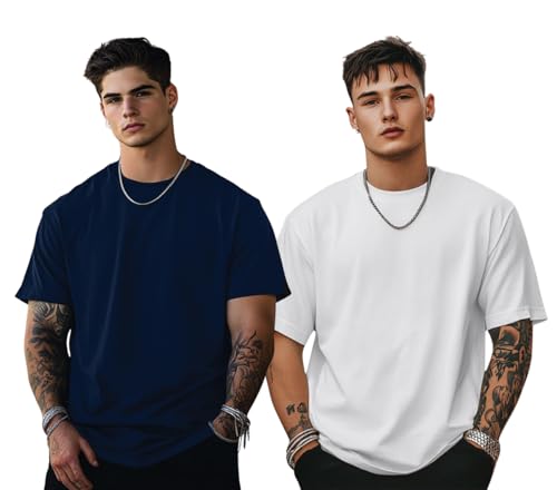 Image of Veirdo Solid Oversized 100% Pure Cotton Combo T-Shirt for Men & Boys (Half Sleeves, Round Neck, Drop Shoulder, Baggy Fit, Pack of 2, Available in S to 2XL