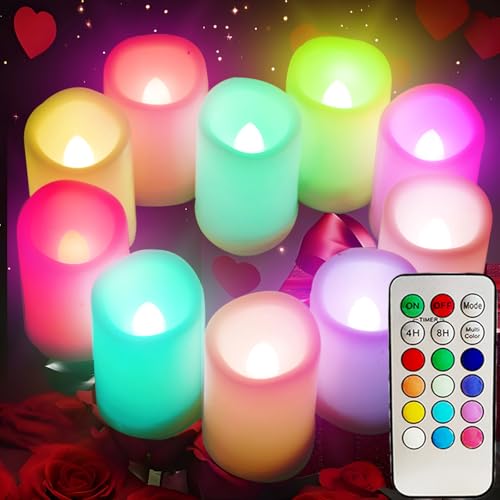 Multi Color Changing Votive Flameless Candles with Remote and Timer - Battery Operated Led Tea Light Candles,Set of 10 Colored Flickering Candles for Birthday, Wedding, Anniversary Easter Party Décor.