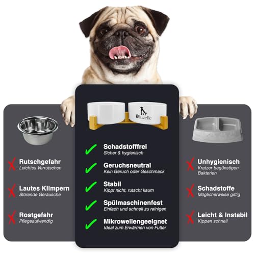 bluzelle Hundenapf Set Erhöht 2X 850ml – Keramik Napfstation 2in1 mit Bambus Holzgestell – Balance Bowl (XXL) – rutschfeste Futterbar für Hunde & Katzen – Marke aus Berlin, Farbe:Marmor Pink